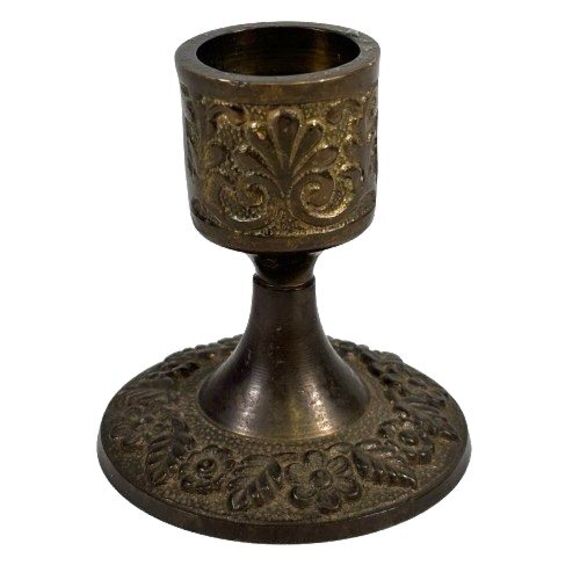 Vintage Brass Candle Holder Candlestick Ornate Floral Flower & Leaf Design 3” - Picture 1 of 10